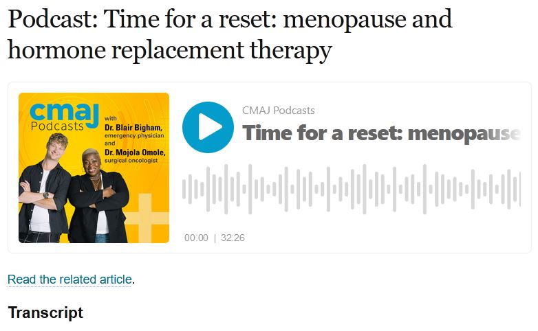 Screenshot of CMAJ Podcast page "Time for a reset: menopause hormone replacement therapy