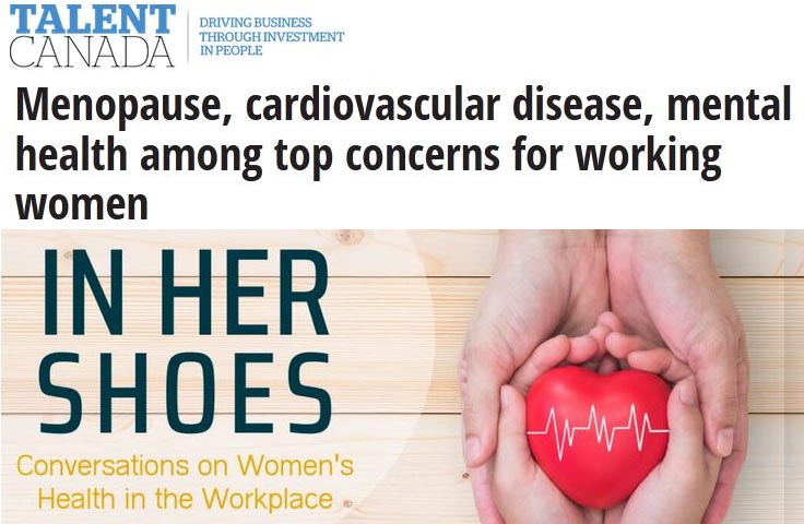 Screenshot of magazine mast head, title of article, and a graphic with the words "In her shoes: conversations on women's health in the workplace"