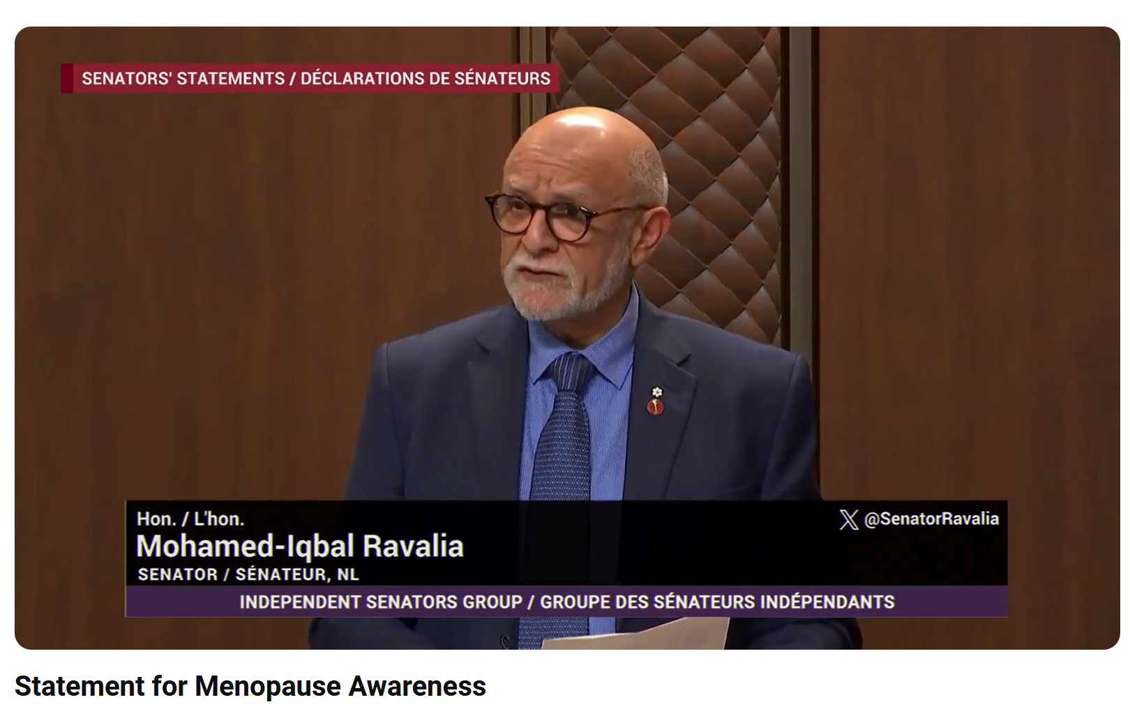 Senator Ravalia reads a statement in the senate on November 21 2024